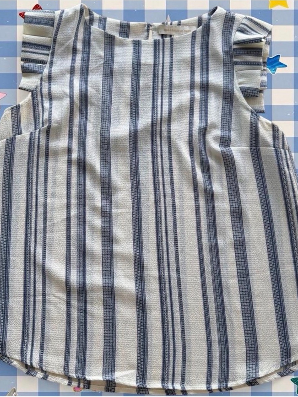 Monteau Blue and White Striped Ruffle Sleeve Blouse